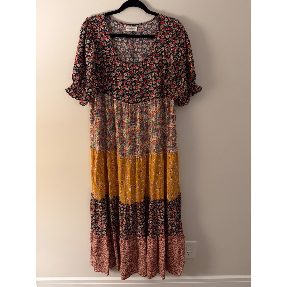 Natural Life Women's M Mixed Floral Patchwork Tiered Boho Maxi Dress